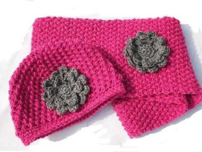 Fuchsia Beanie klot set / grijze bloem. - Afbeelding 2